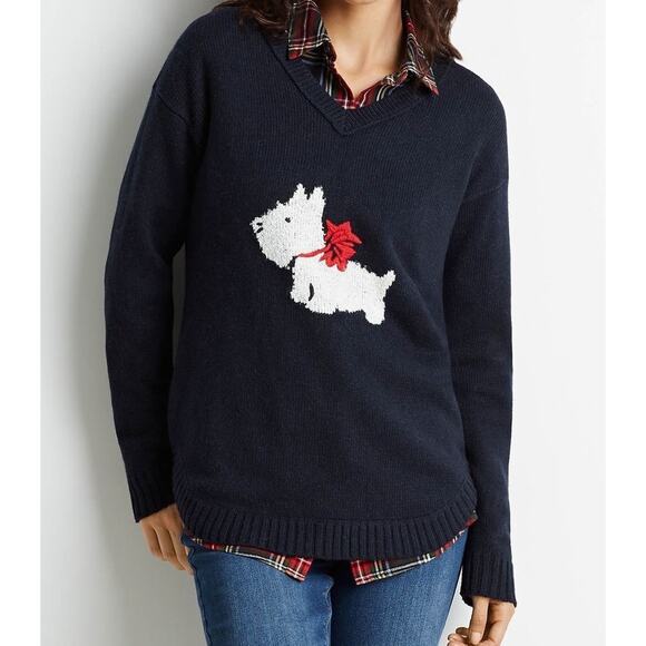 J Jill Sweater Navy Blue Scottie Dog V Neck Pullover Knit Size XL Holidays - Picture 2 of 7